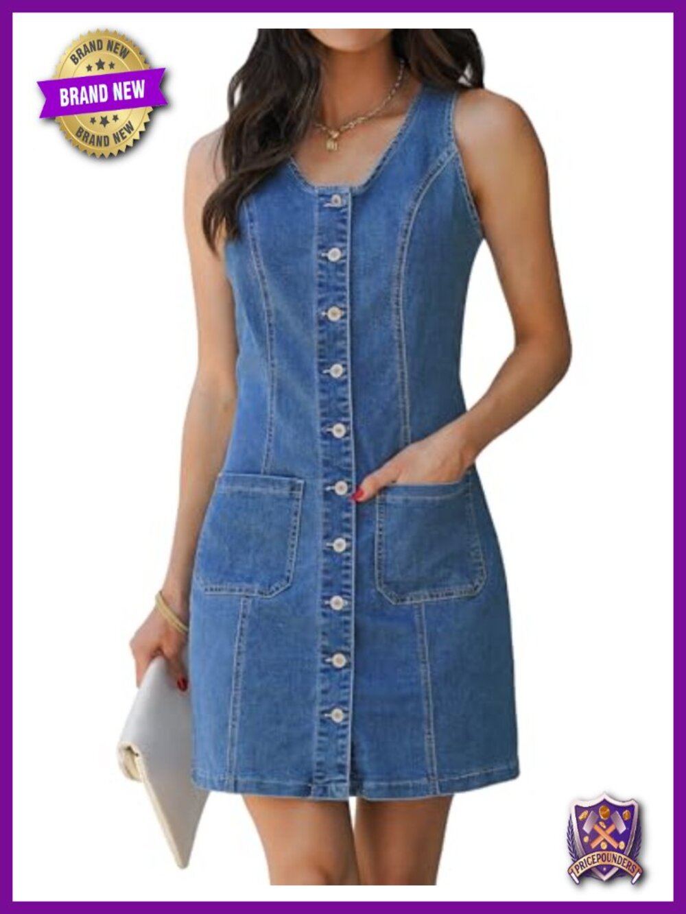Sleeveless Denim Dress Button Down Round Neck Casual Summer